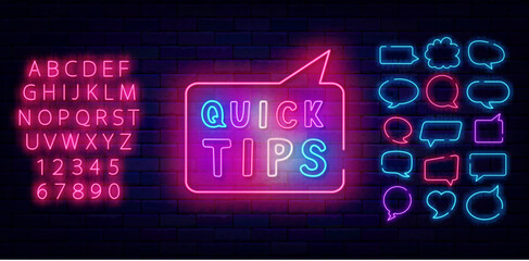 Quick tips neon label. Multicolored handwritten quote. Speech bubbles frames set. Vector stock illustration