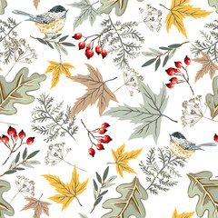 Autumn titmouse birds, maple leaves, berries, fern, white background. Vector seamless pattern. Fall season illustration. Forest nature design