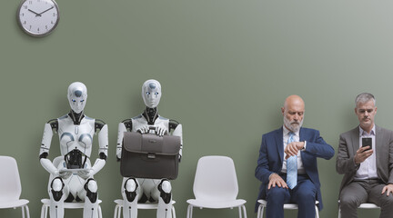 Business people and humanoid robot waiting for a job interview - obrazy, fototapety, plakaty