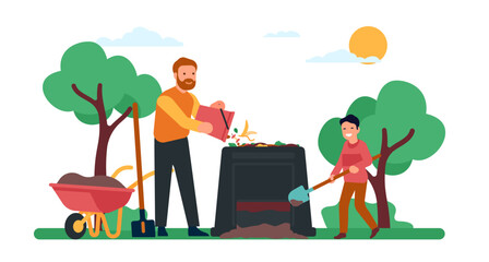 Father and son working in garden. Man pouring bucket of waste into composting bin. Organic fertilizer. Boy loading finished compost into wheelbarrow. Garbage recycling. Vector concept - obrazy, fototapety, plakaty