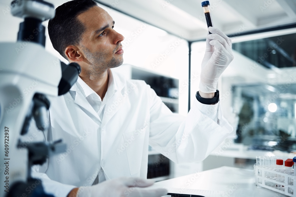 Aufkleber man, scientist and analysis of blood sample in test tube, dna and science experiment in laboratory. 