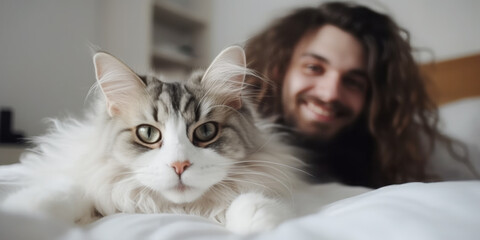 Happy smiling man and his shaggy cat sitting on the bed, enjoying relaxed morning at home 