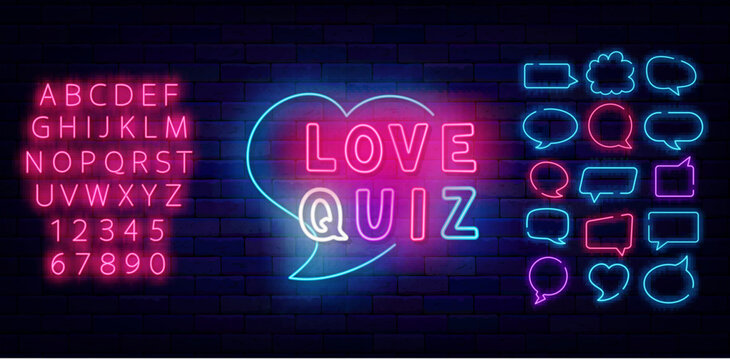 Love Quiz neon sign. Multicolored handwritten text. Luminous pink alphabet. Vector illustration
