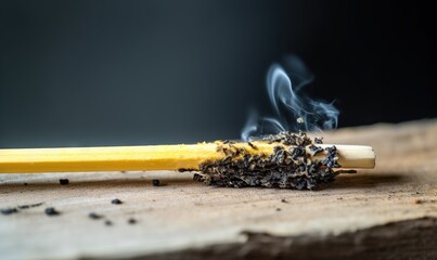  a yellow matchstick with smoke coming out of it sitting on a wooden table next to a pile of black flies on top of it.  generative ai