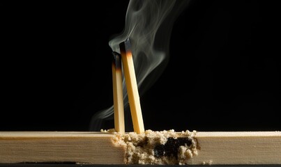 two matchsticks with smoke coming out of them on a wooden block on a black background with a black background behind them and a black background.  generative ai