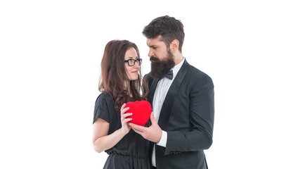 We perfectly complete each other. Celebrate anniversary. Happy valentines day. Special day. Couple in love. Family couple. Man hug woman. Married couple hold red heart toy. Happy relationship concept