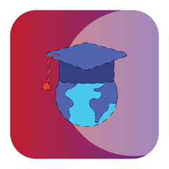 vector icon of a globe of the earth with a graduation cap on a red background
