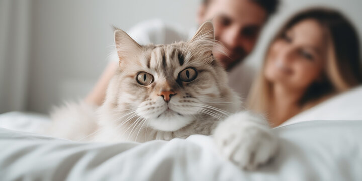 Happy smiling couple and their shaggy cat sitting on the bed, enjoying relaxed morning at home 