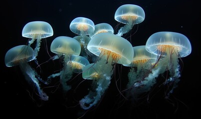  a group of jellyfish swimming in the ocean together on a black background with a black background and a black background with a white border.  generative ai