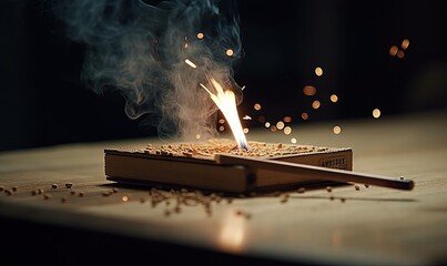  a lit matchstick sitting on top of a wooden table next to a book with smoke coming out of the top of the matchstick.  generative ai