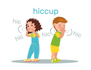 Little boy or girl standing and hiccupping. Diaphragm and stomach disease. Kids producing hiccup sound. Onomatopoeia English word. Preschool children cover mouth with hand. Vector concept