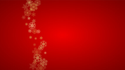 Christmas snowflakes on red background. Horizontal glitter frame for winter banner, gift coupon, voucher, ads, party event. Santa Claus color with golden Christmas snowflakes. Falling snow for holiday