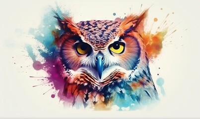  an owl with yellow eyes is painted with watercolors on a white background with a splash of paint on the bottom half of the image.  generative ai