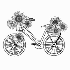 Sunflowers bouquet, vintage bike, bicycle.  Isolated elements. Hand painted, vector.