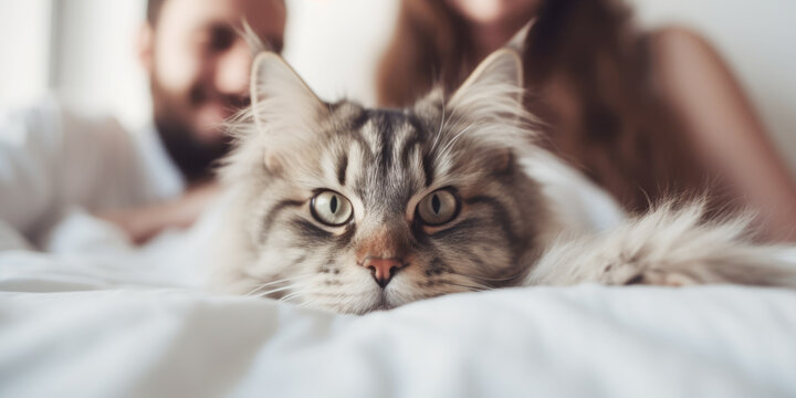 Close up of a cute shaggy cat and happy smiling couple on the bed 