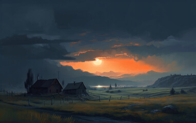 Landscape under the Huge dark Clouds