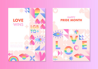 Pride month posters templates.LGBTQ+ community vector illustrations in bauhaus style with geometric elements and rainbow lgbt symbols.Human rights movement concept.Gay parade.Colorful cover designs.