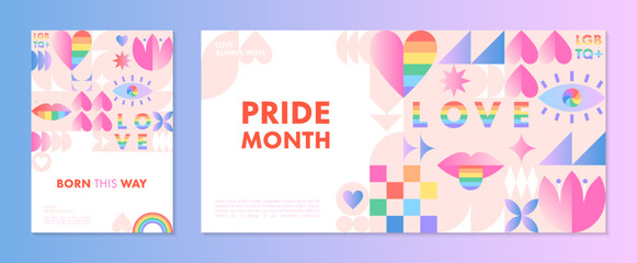 Fototapeta na wymiar Pride month banners templates.LGBTQ+ community vector illustrations in bauhaus style with geometric elements and rainbow lgbt symbols.Human rights movement concept.Gay parade.Colorful cover designs.