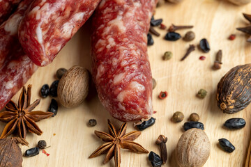 Dried veal sausage during slicing