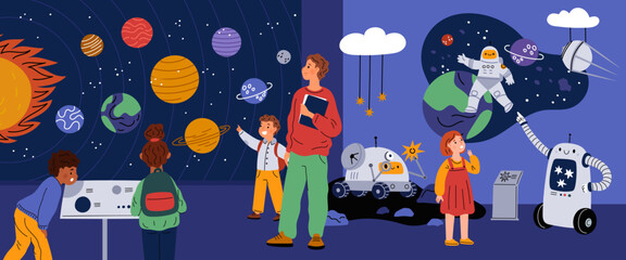 Planetarium excursion. Visitors of space museum listen to guide. Solar system and astronomical objects. Children looks through telescope. Exhibition in observatory. Garish vector concept - obrazy, fototapety, plakaty