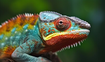 Obraz premium a close up of a colorful chamelon on a tree branch with a blurry back ground behind it and a blurry background. generative ai