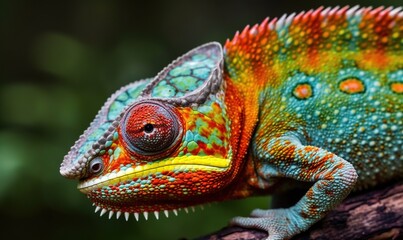Fototapeta premium a colorful chamelon is sitting on a tree branch with its mouth open and it's tongue out and tongue out, with its mouth wide open. generative ai