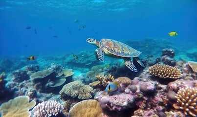  a turtle swimming over a coral reef in the ocean with other marine life around it and a school of fish swimming about the corals.  generative ai