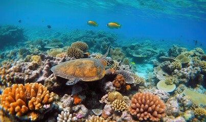 Naklejka na ściany i meble a turtle swimming over a colorful coral reef in the ocean with other fish and corals on the bottom of the reef photo by steve j scott. generative ai