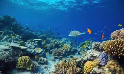 Naklejka na ściany i meble a sea turtle swims over a coral reef in the blue water of a tropical sea with plenty of fish and corals in the foreground. generative ai