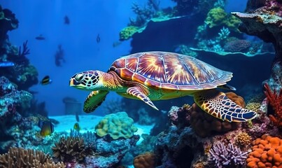 Naklejka na ściany i meble a sea turtle swimming in an aquarium with corals and other marine life in the background and a fish swimming in the foreground of the photo. generative ai