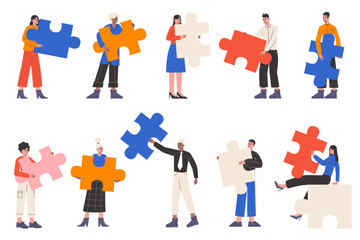 Puzzle teamwork. People holding color jigsaw pieces. Game elements. Keys to interactive. Business persons team. Colleagues cooperation. Men and women communication. Vector concepts set