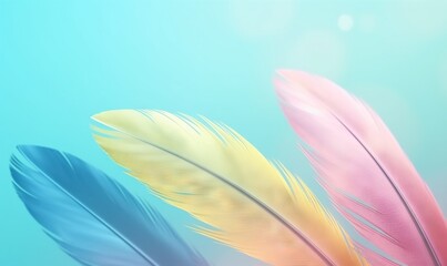 Fototapeta na wymiar three colorful feathers are flying in the air together on a blue background with a light blue sky in the background and a light blue sky in the background. generative ai