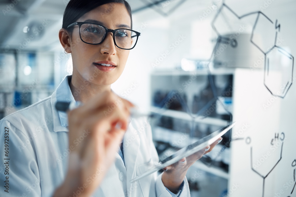 Poster woman with tablet, scientist and glass board, formula and equation with problem solving and scientif