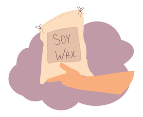 Instructions for creating a candle at home, adding a selection of soy wax, a hand holding a bag of wax