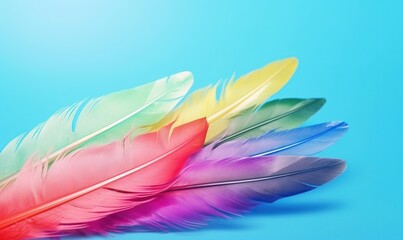  three colorful feathers are laying on a blue surface with a bright light behind them and a blue background with a light blue backgroud.  generative ai