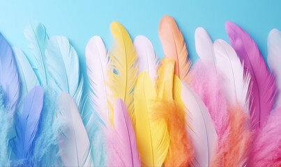  a row of different colored feathers on a blue background with a sky in the background of the photo and a blue sky in the backgrouchground.  generative ai