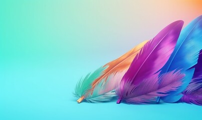  a group of colorful feathers sitting on top of a blue table top next to a green and pink wallpaper and a blue background with a yellow tip.  generative ai