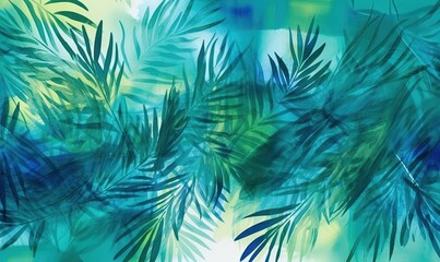 Naklejka na ściany i meble a painting of leaves on a green and blue background with a blue sky in the background and a blue sky in the foreground, and a blue sky in the middle. generative ai