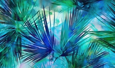  a painting of palm trees with blue and green leaves on a blue and green background with white clouds in the sky and blue and green colors.  generative ai