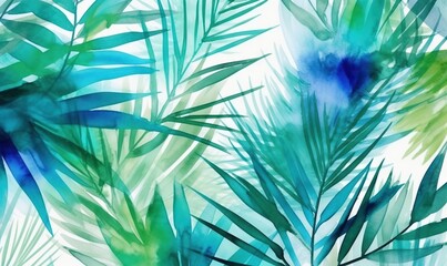 a watercolor painting of tropical leaves on a white background with blue and green colors on the top of the leaves and bottom of the leaves.  generative ai