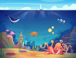 Fototapeta na wymiar Underwater life. Background with ocean creature with tentacles exact vector cartoon template