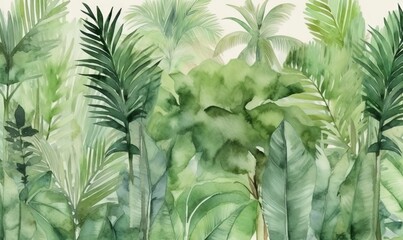 a watercolor painting of a jungle scene with palm trees and other tropical plants in the foreground and a white background with a white border.  generative ai