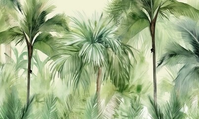  a watercolor painting of palm trees and other tropical plants on a white background with a green and beige color scheme that matches the rest of the.  generative ai