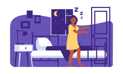 Woman walking in her sleep at night. Sleepwalker in home bedroom. Somnambulist girl in pajama. Sleepwalking disorder. Dreaming female. Insomnia disease. Vector somnambulism concept