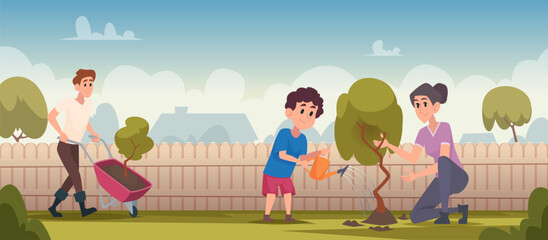 Care trees. Nature outdoor people planting trees exact vector cartoon background