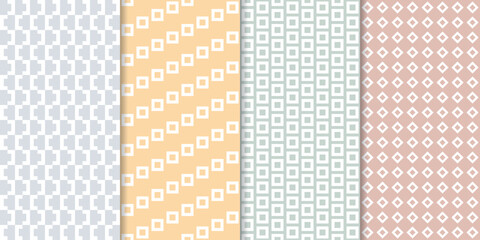 Set of cute minimal geometric texture seamless patterns. Repeating simple geometrical shapes modern background. Graphic trendy abstract wallpaper.