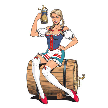 Oktoberfest waitress girl wearing a traditional Bavarian dirndl costume, sitting on a beer barrel and holding a beer mug. Young sexy blonde german woman. Pin up style vector illustration.