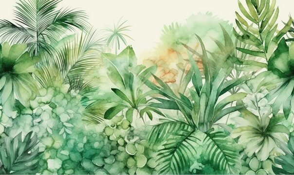  a watercolor painting of tropical plants and leaves on a white background with a green and yellow color scheme in the middle of the image.  generative ai