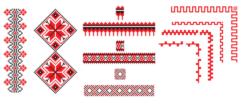 Set of embroidery in ethnic style, boho style, Slavic, folk, geometric pattern, Ukrainian embroidery in red and black colors. Vector graphics