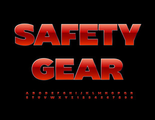 Vector industrial emblem Safety Gear. Shiny Red Font. Bright set of Alphabet Letters and Numbers